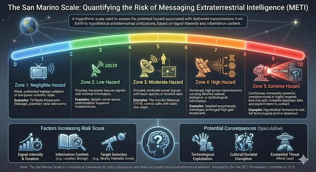 Infographic describing the San Marino Scale, a 0-10 scale quantifying the risk of messaging to an extraterrestrial intelligence, including the factors increasing the risk score and potential consequences of ET contact