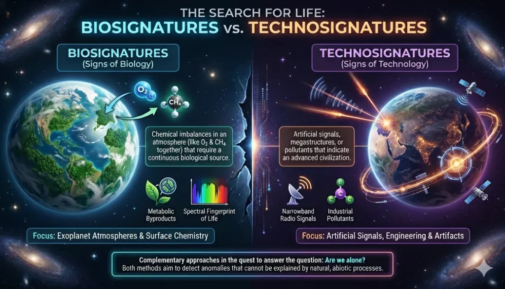Infographic describing the terms biosignature and technosignature, and differentiating them by their focus and methods