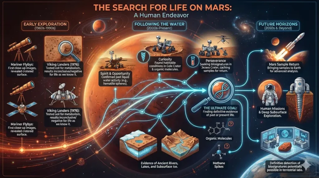 Infographic showing a historical timeline of the Mars missions and experiments used to conduct humanity's search for life on Mars