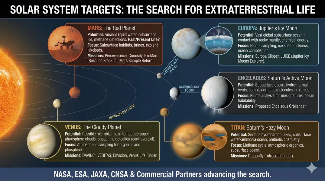Infographic outlining 5 possible locations within our solar system where life might be found. Provides the reasoning as to why each is a possible home to life