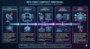 Infographic outlining the five stages of SETI's first contact protocol