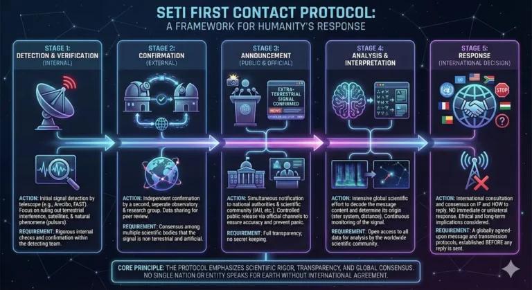 Infographic outlining the five stages of SETI's first contact protocol