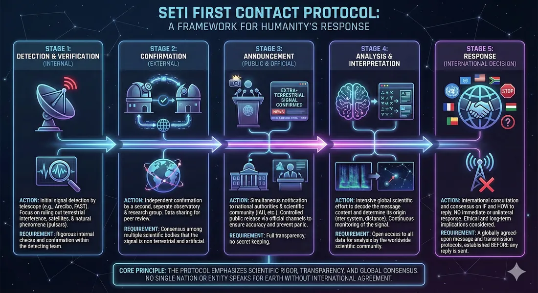 Infographic outlining the five stages of SETI's first contact protocol