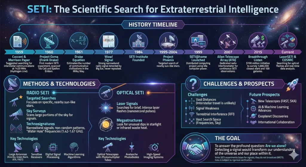 Infographic on the historic timeline, method, technologies, goals and challenges of the SETI organization