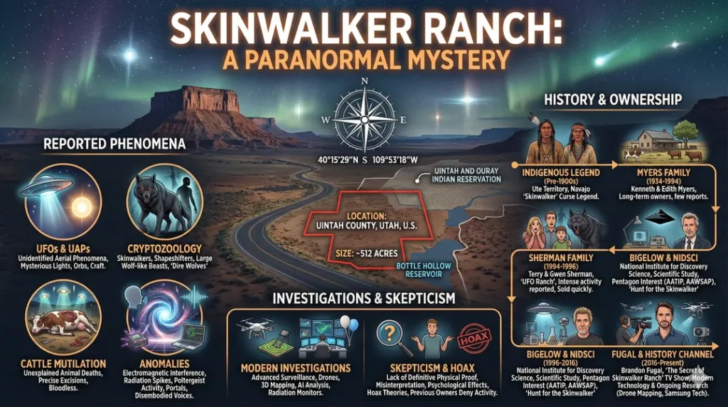 Infographic displaying the unusual events observed at Skinwalker Ranch in Utah. Describes unusual phenomena, history, ownership of the ranch, investigations and skepticism surrounding the ranch