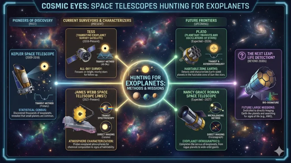 Infographic describing the 5 past, current and future space telescopes that are used to search for exoplanets