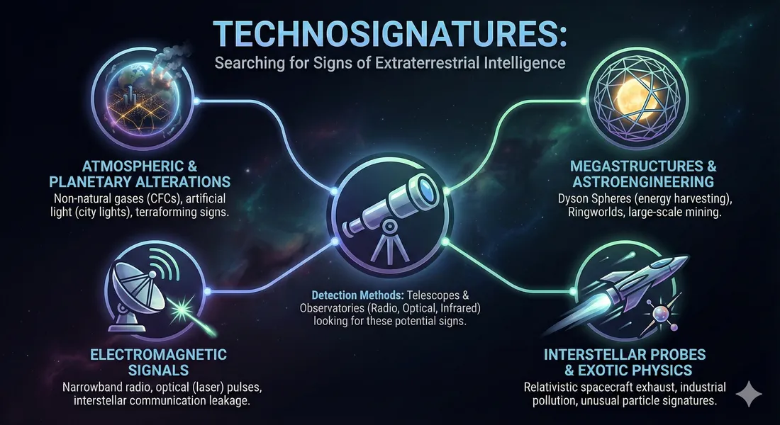 Infographic describing 4 types of technosignatures of ET life and the detection method used to discover each