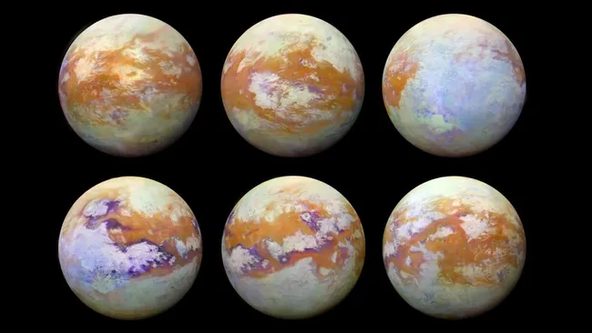 Six infrared images of Saturn's moon Titan, showing seas and other features on the surface