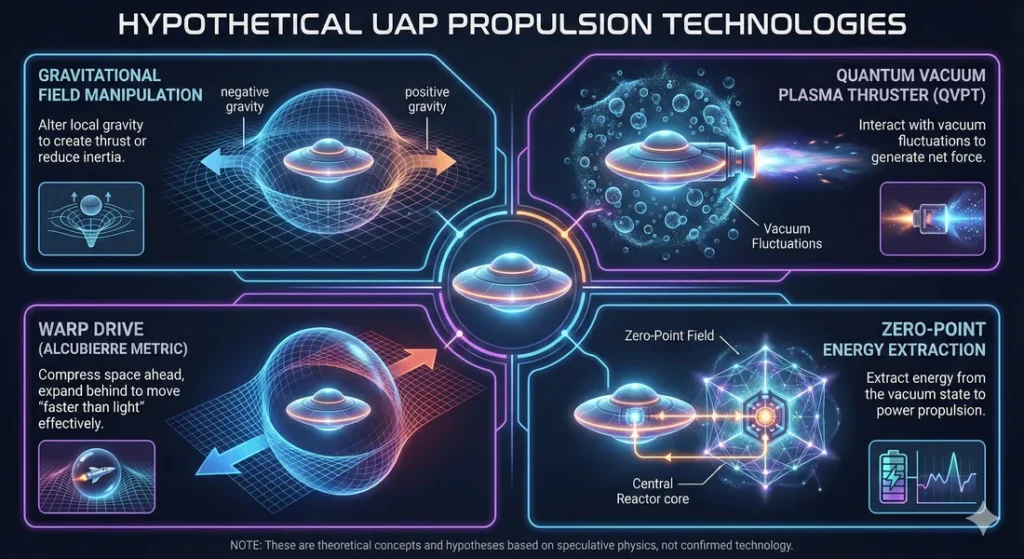 Infographic describing 3 hypothetical technologies that could propel UAPs. Includes a potential energy extraction mechanism to power the craft.