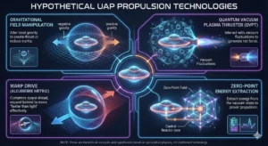 Infographic describing 3 hypothetical technologies that could propel UAPs. Includes a potential energy extraction mechanism to power the craft.