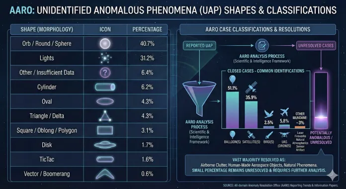 Infographic of UAP shapes as defined by the US government office, AARO. 10 shapes are decribed, with an icon provided for each. The percentage of overall uap reports that each shape represents is provided for each shape