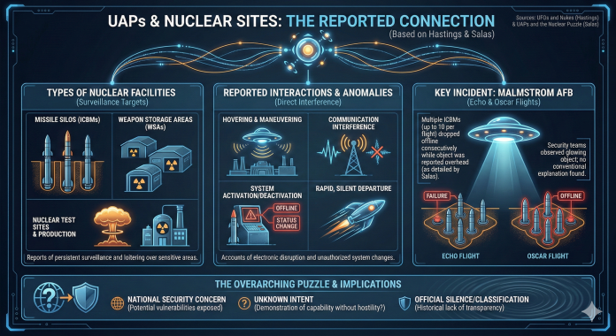 Infographic outlining UAP sightings at civilian and miliatry nuclear sites. Covers locations, incidents, general patterns and various explainations and viewpoints on this phenomenon