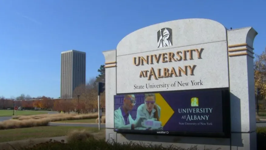 The sign at the main entrance of The University at Albany