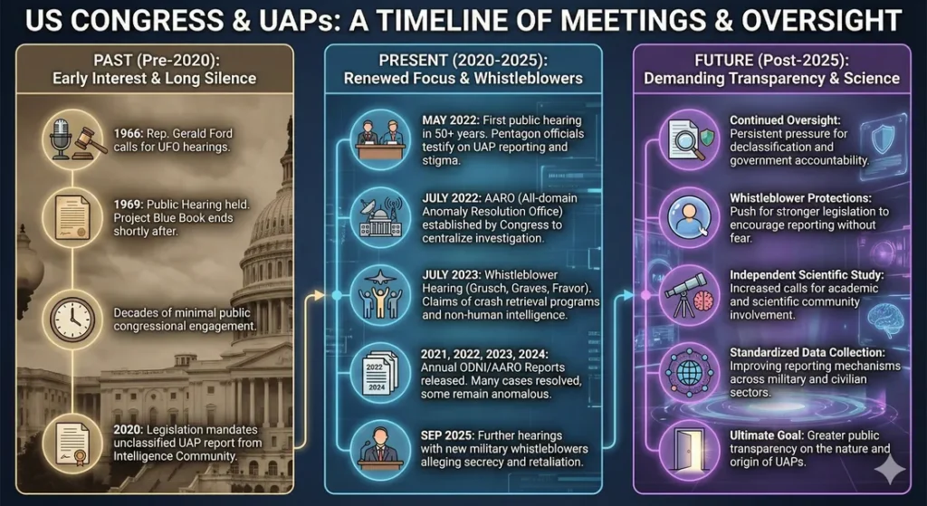 Infographic outlining three eras of US Congressional activity on the UAP topic and outlining the activities in each era