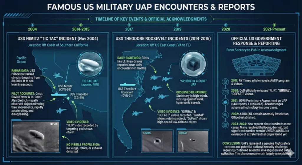 A timeline and description of famous UAP incidents reported by the US military. Includes official response to these events