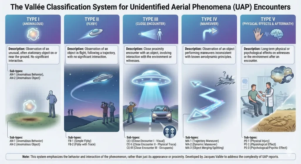 Infographic outlining Jacque Vallee's classification system for UAP encounters. 5 types of encounters are outlined from Type 1, an anomalous observation to type 5, physical effects on persons or the environment