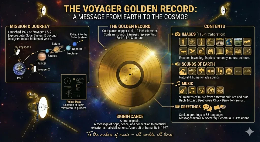 Infographic describing the missions of the Voyager 1 and 2 craft and the information contained on thegolden record contained on the craft