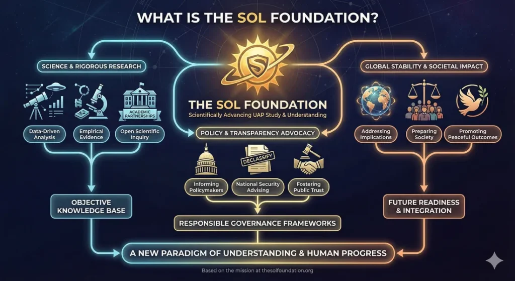 Infographic explaining the mission and activities of the Sol Foundation. The mission is advancing UAP study and understanding. Pillars of rigorous scientific research, advocacy for transparency and soiund policy, and addressing societal impact are discussed
