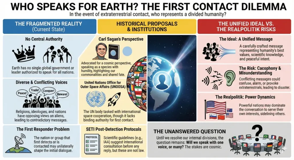Infographic asking the question who speaks for earth should we make first contact with an alien species. Issues affecting this decision are discussed including the current state of humanity, ideal are practical solutions and historical proposals